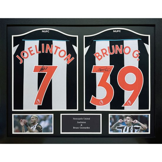 (image for) Newcastle United FC Bruno Guimaraes & Joelinton Signed Shirts (Dual Framed) - Click Image to Close