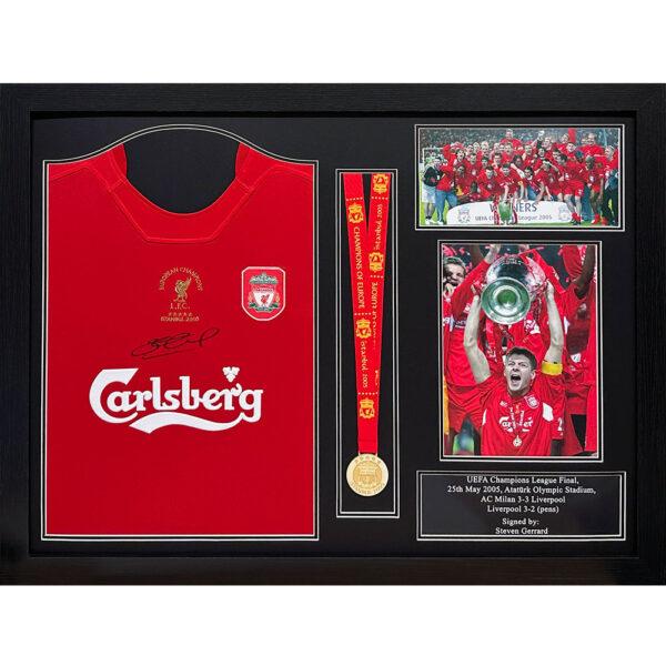Liverpool FC 2005 Gerrard Signed Shirt & Medal (Framed)